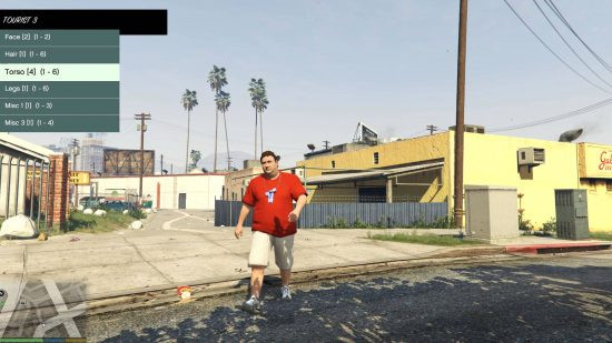The main character is now a fat red tourist with a pocket fan, walking in Los Santos