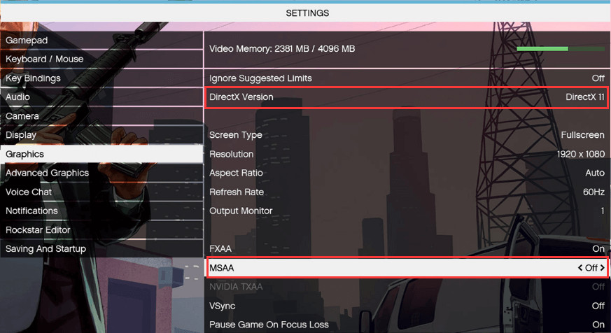 Lower graphics settings in GTA 5 to reduce memory usage