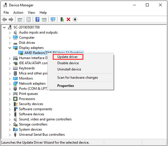 Update graphics driver in Device Manager to fix GTA 5 memory issues