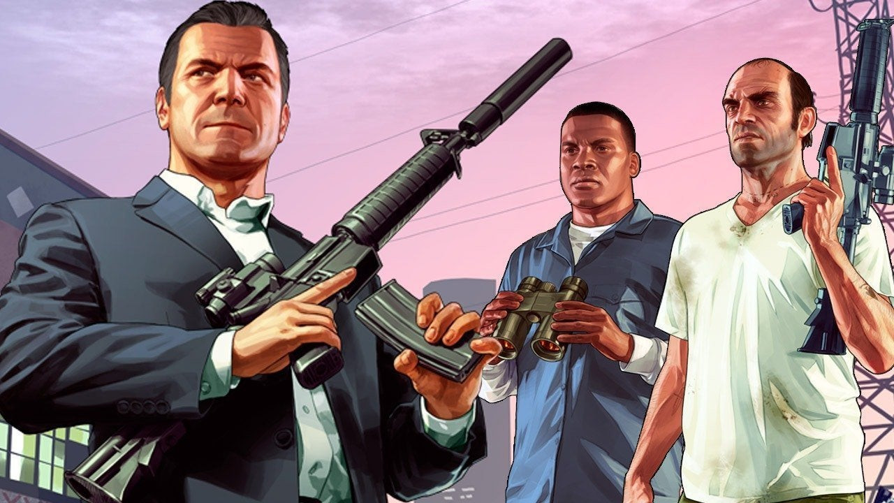 Michael, Franklin and Trevor holding guns