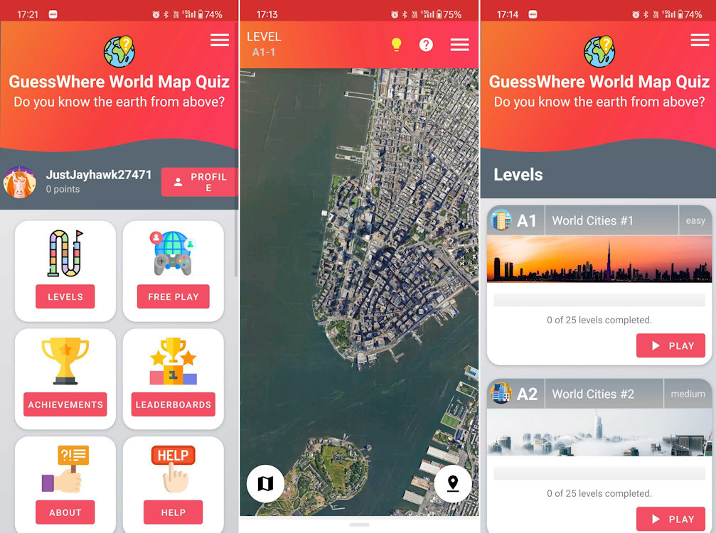 GuessWhere Android app interface and gameplay