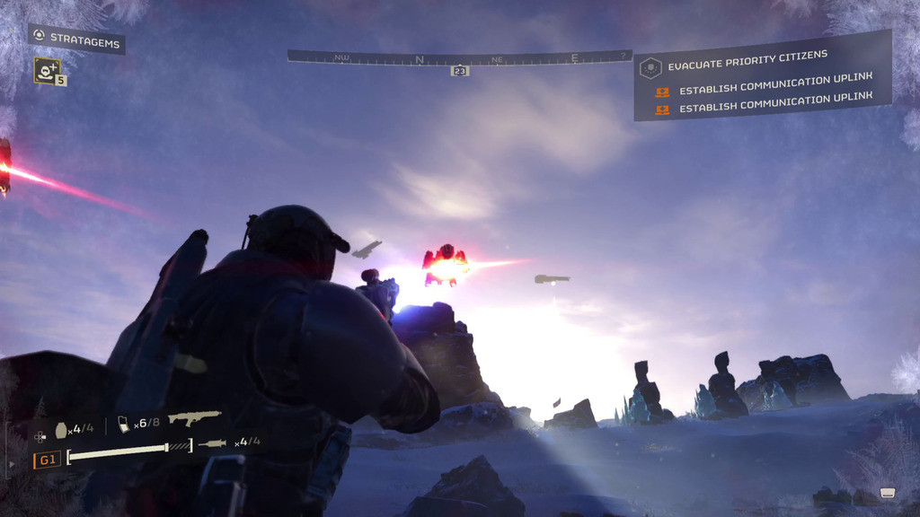 A Helldiver aiming at a gunship in Helldivers 2, illustrating the evolving gameplay dynamics.