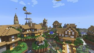 Minecraft screenshot of a handmade town with roads, houses, and greenery.