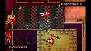 Hotline Miami gameplay on PS Vita showing top-down shooter action and neon-soaked visuals.