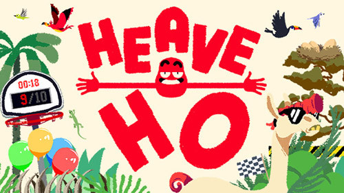 Heave Ho gameplay featuring multiple characters attempting to cross a gap by holding onto each other