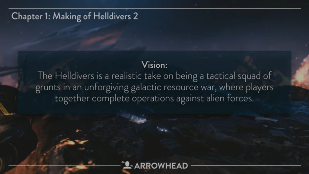 Helldivers vision statement, emphasizing a tactical squad in a resource war.