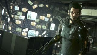 Deus Ex: Mankind Divided features Adam Jensen in tactical gear against a backdrop of multiple screens, illustrating the game's focus on cybernetic enhancements and complex narratives.