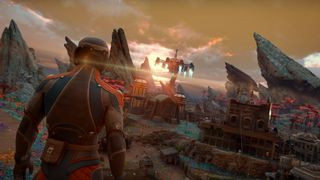 The Outer Worlds 2 game screenshot featuring a player looking out at an alien planet.