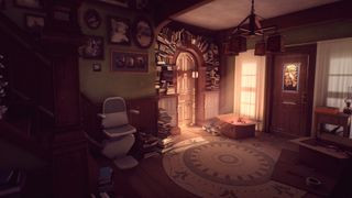 What Remains of Edith Finch screenshot of the interior of one of the rooms in the Finch house, with books and a stair lift visible.