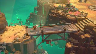 Moonlighter 2 screenshot showing the adventurer protagonist who has white hair and wears a backpack running across a bridge over green waters.