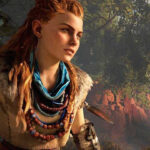 Aloy looking at the robots with mountains in the background