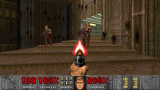 Screenshot from the video game Doom. A retro first person shooter game where you blast demons. A gun is being fired at humanoid enemies that are coming down a staircase.
