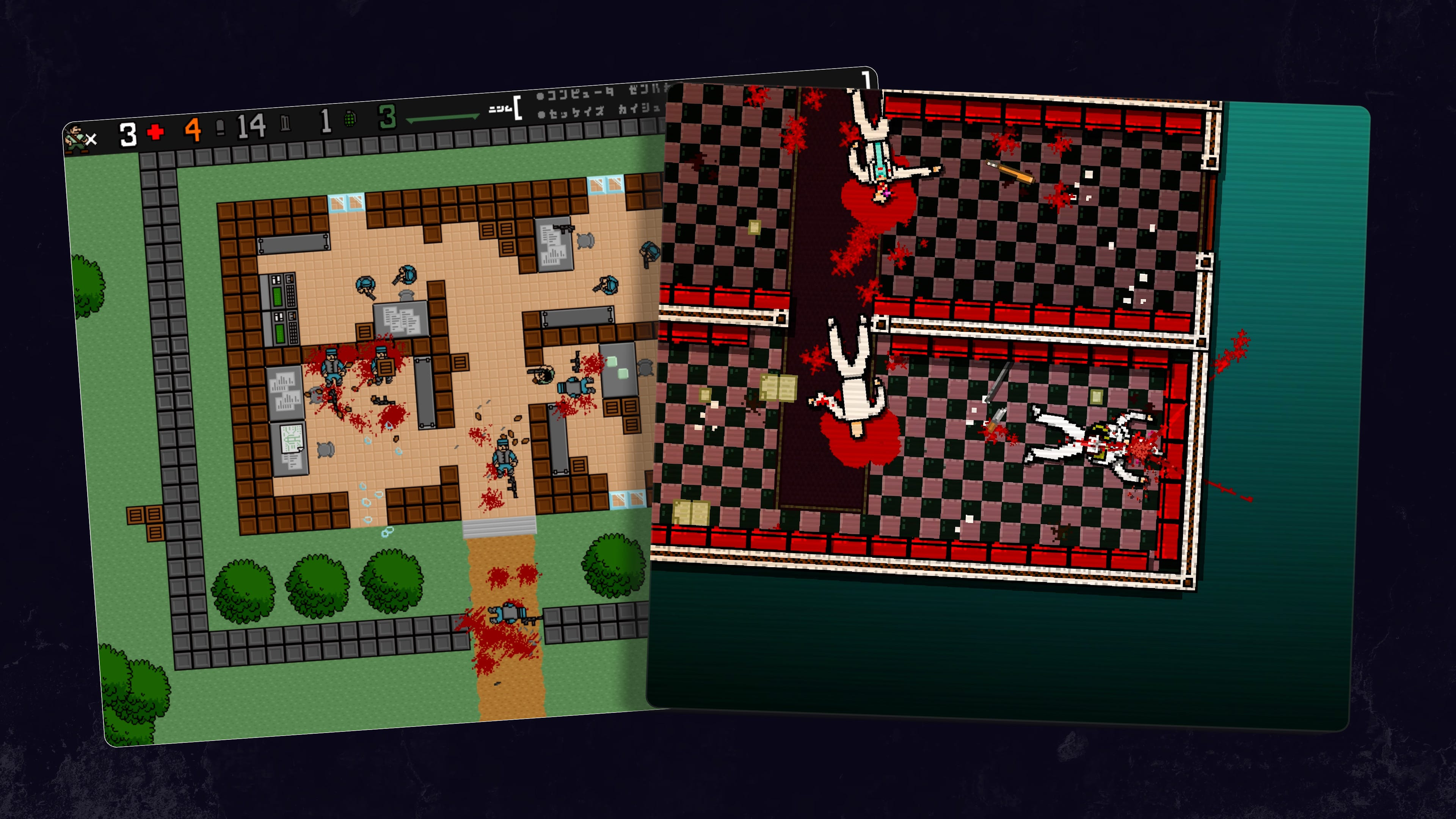 A top-down view of a level in Hotline Miami, featuring neon lights and violent action