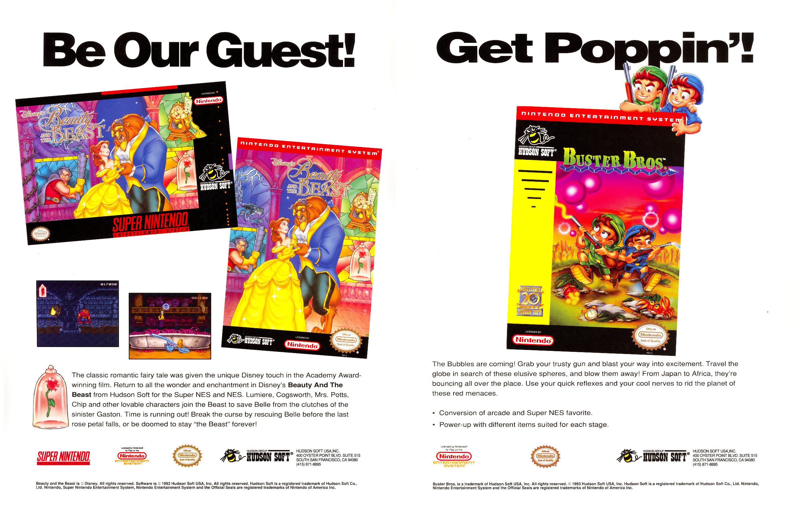 Hudson Flyers from early 1993, promoting the NES and Super Nintendo versions of Beauty and the Beast