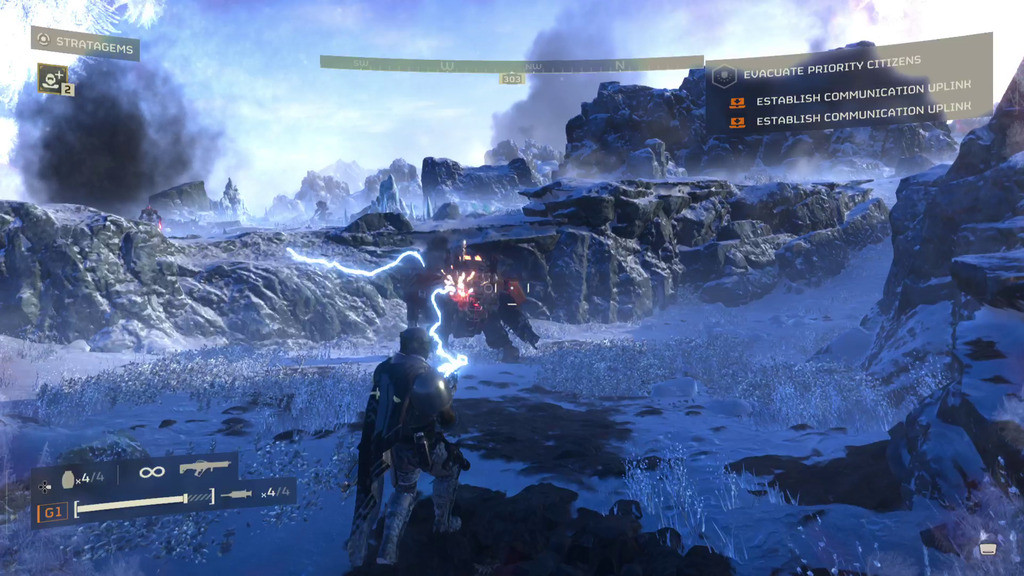 A Hulk being targeted by an Arc Thrower, illustrating the ease of defeating enemies.