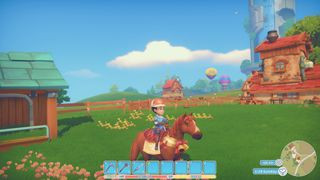 A builder on horseback exploring the world of My Time at Portia.