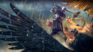 Geralt fighting a feathered monster in The Witcher 3
