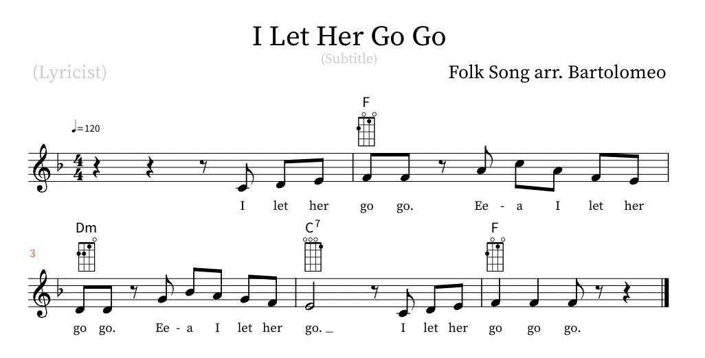 Music notation for the &quot;I Let Her Go Go&quot; folk song game.
