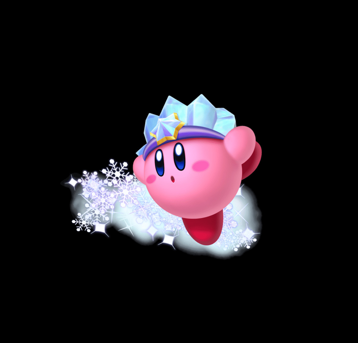 Kirby using the Ice ability to freeze enemies and slide across surfaces