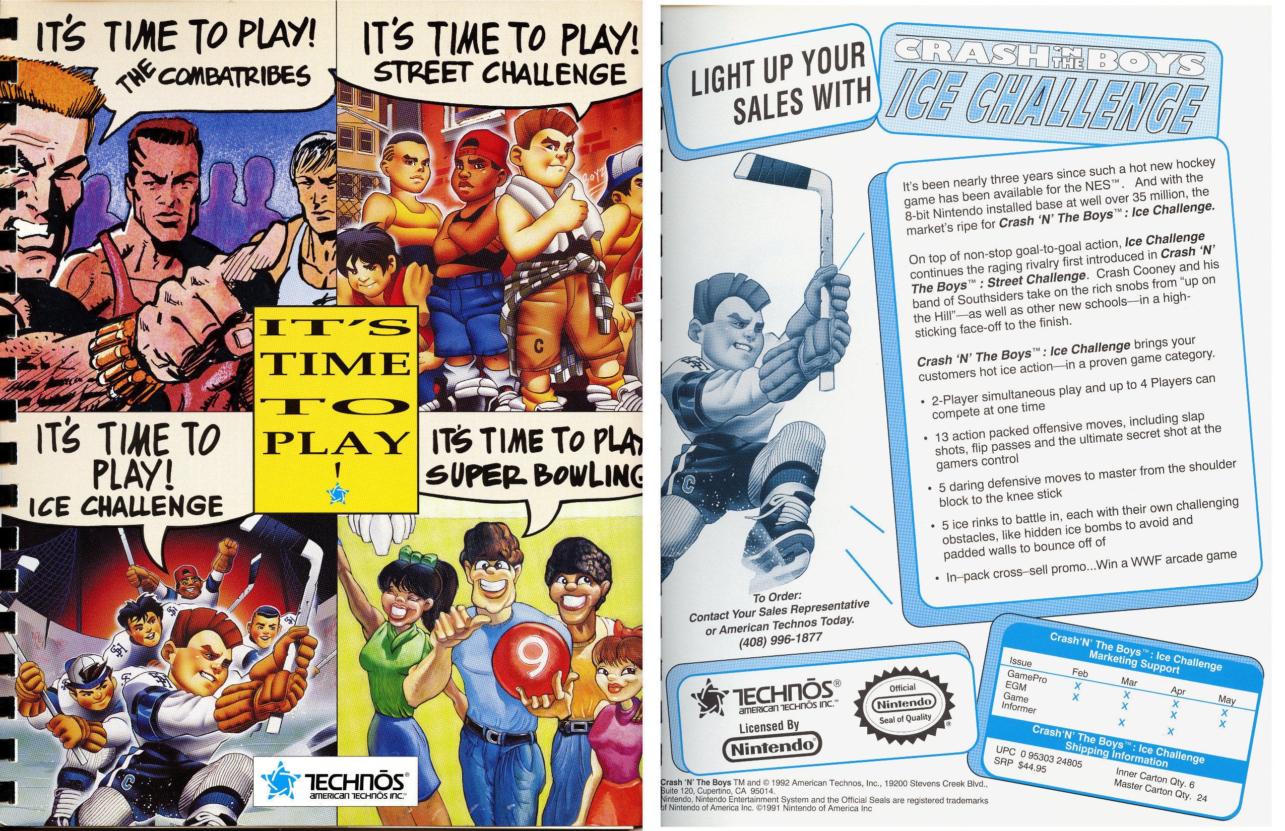 Page from an American Technos booklet from 1992, featuring Crash ‘N the Boys Ice Challenge for NES