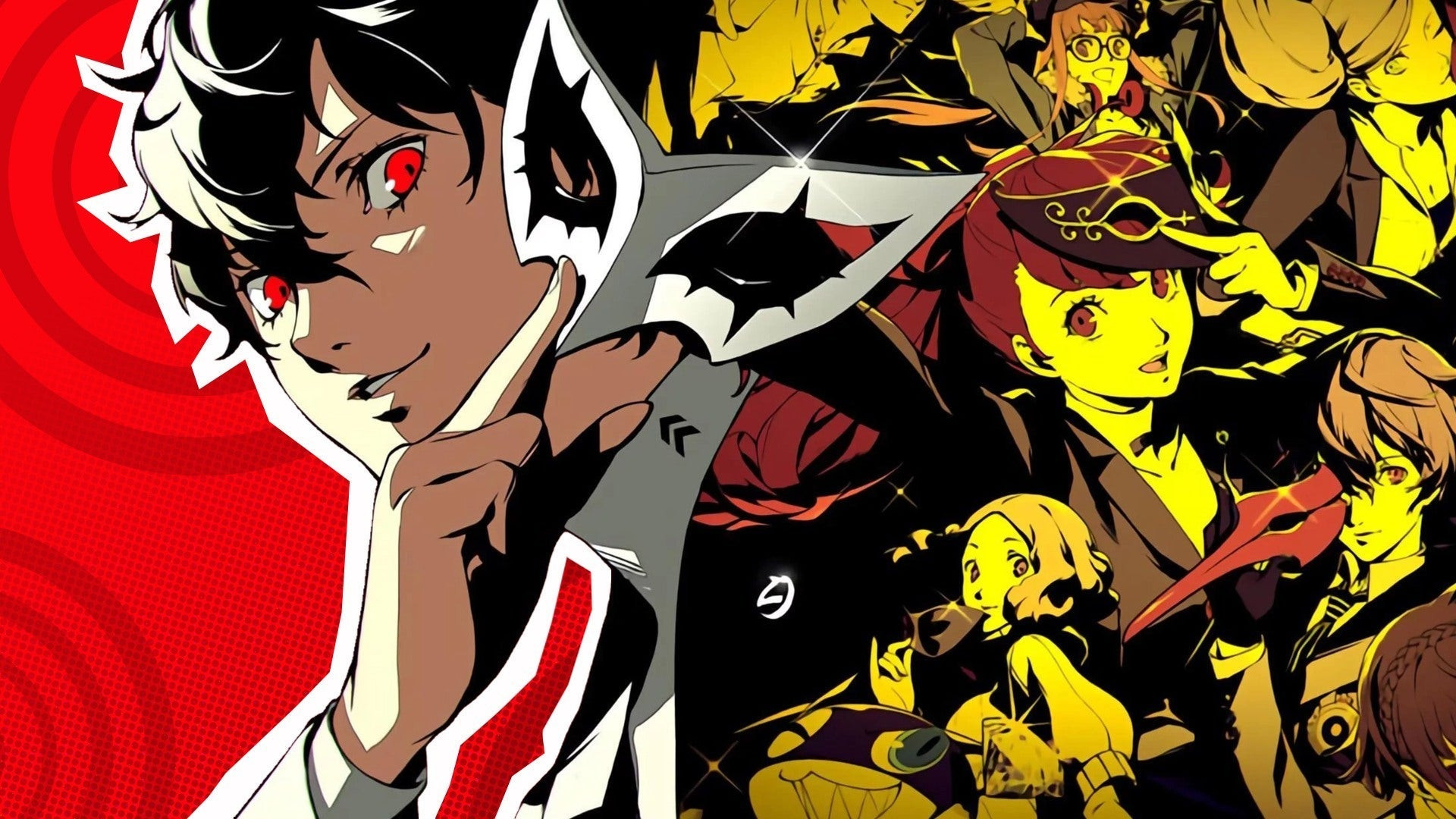 A character holding a mask and a collage of other characters