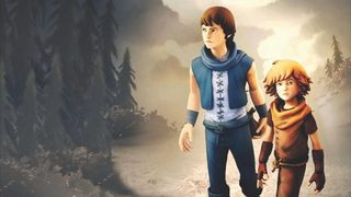 Two boys walking together next to gloomy forest in the game Brothers: A Tale of Two Sons.