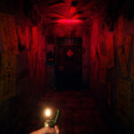 alt text: Hallway in Devotion apartment complex, filled with Taoist talismans to ward off evil spirits and ghosts.