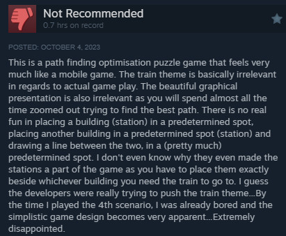 Screenshot showing negative Steam reviews of a Puzzly-Crafty-Buildy game, highlighting player disappointment with the lack of freedom.
