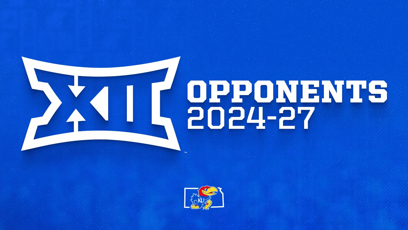 Close-up shot of the Kansas Jayhawks football helmet, showcasing the team logo and colors