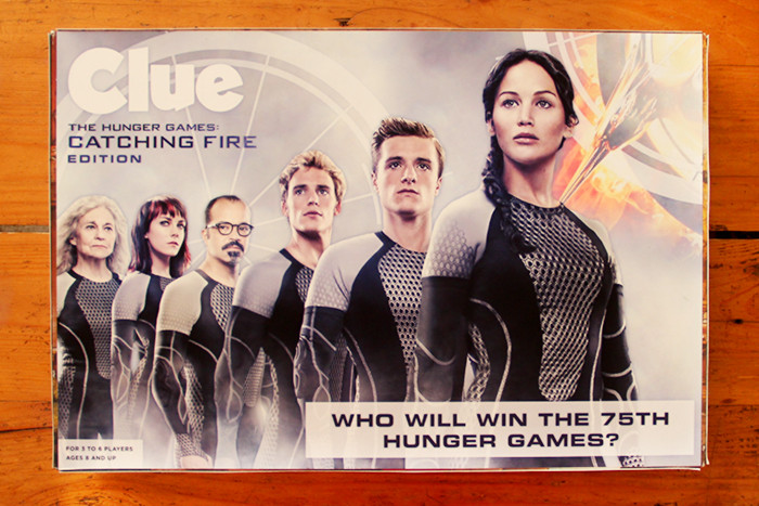Custom-designed box for the Hunger Games Clue game featuring characters and thematic elements