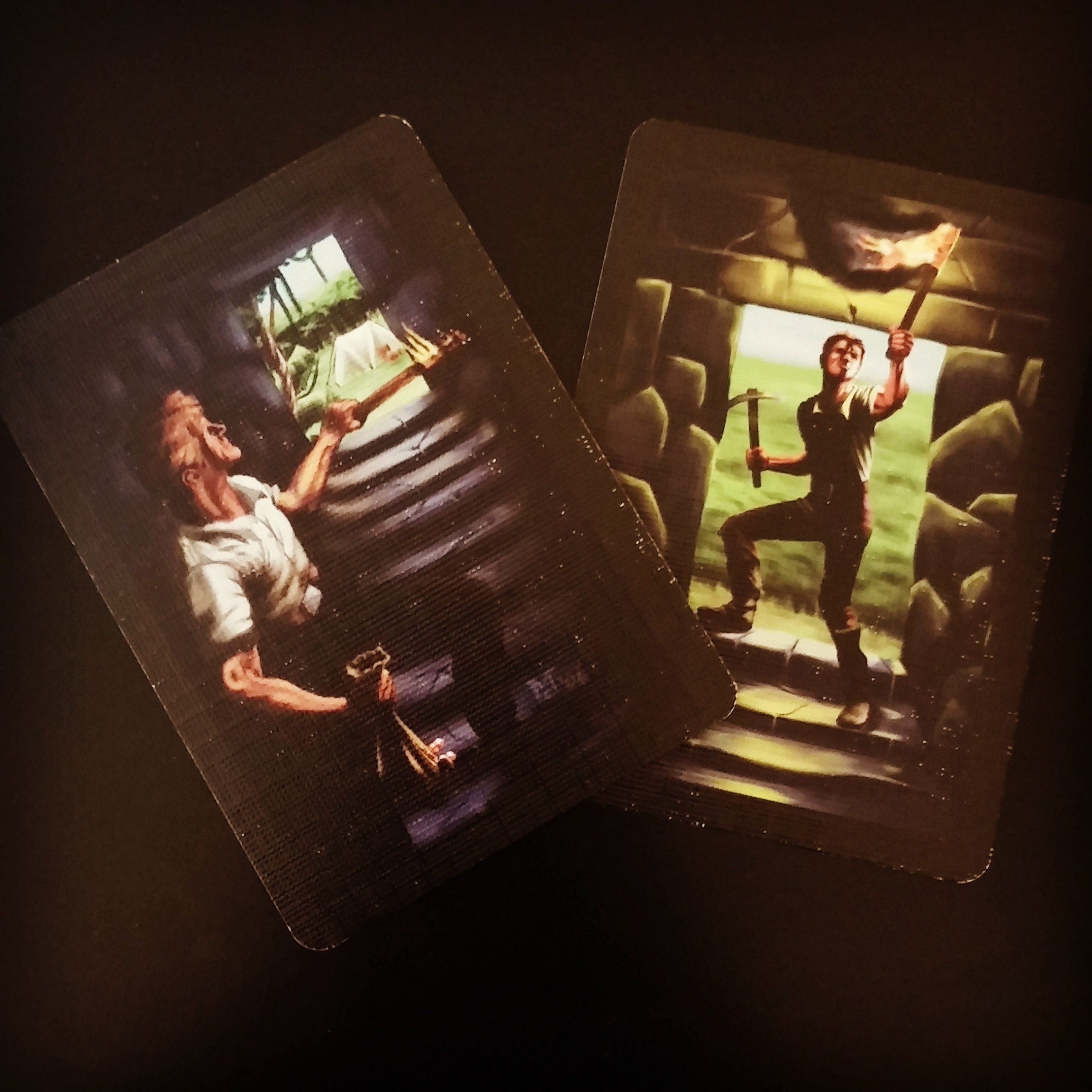 Should I stay or should I go? The left card is to return to your tent, while the other says continue.