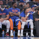 Knicks guard Josh Hart #3 and New York Knicks guard Jalen Brunson #11 on the bench during the second quarter of Game 7 against the Pacers on May 19, 2024.