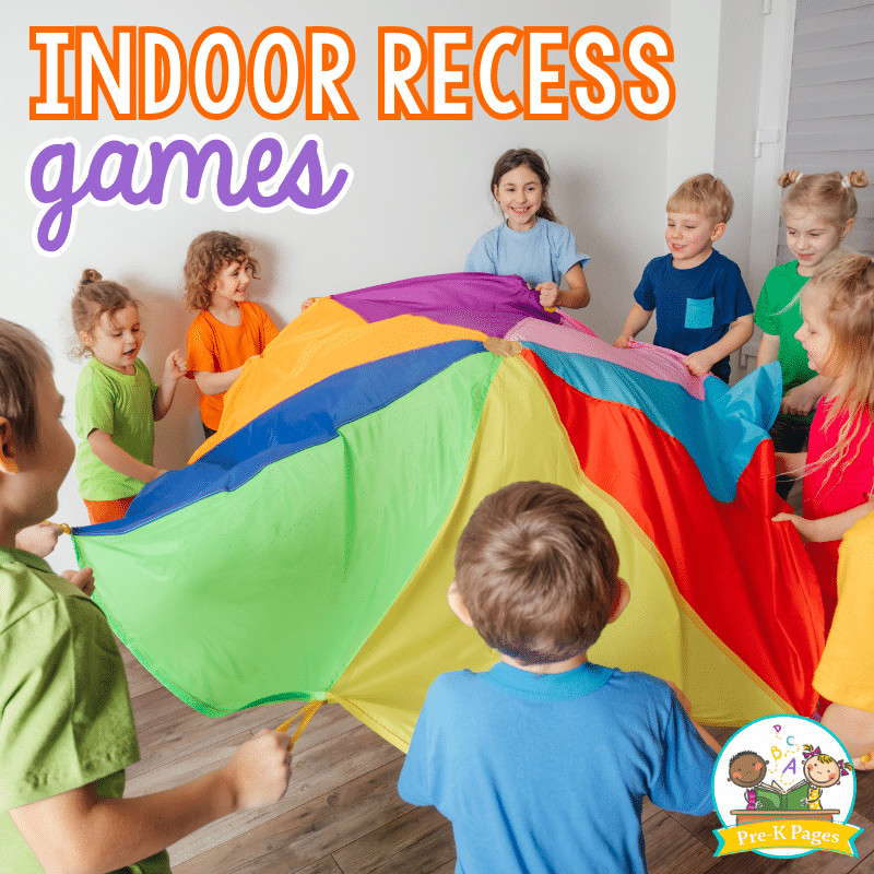 kids standing in a circle holding the edges of a colorful parachute