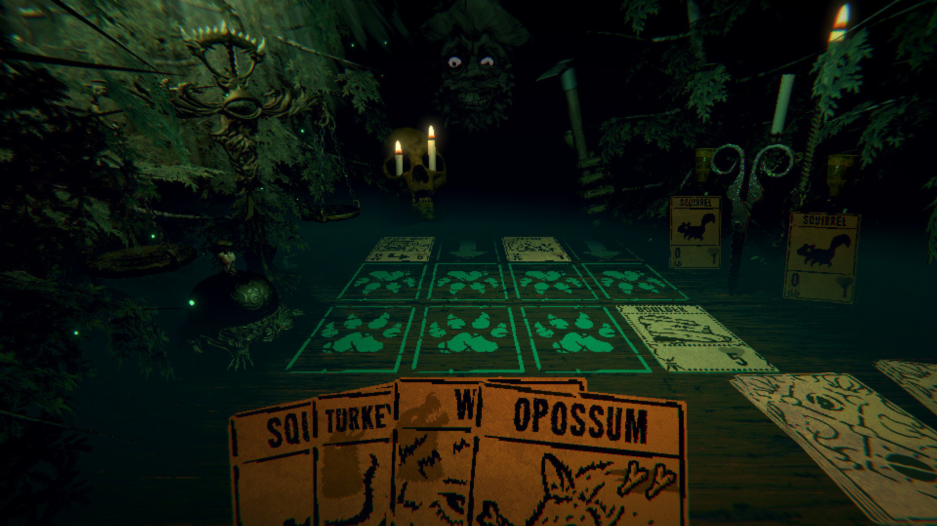 A dimly lit board stretches out in front of the viewer, covered in cards and tchotchkes. A green face hovers in the darkness across the table, leering at you