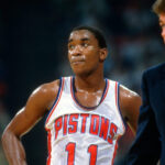 Isiah Thomas led the Pistons with 47 points in the historic 186-185 triple-overtime game against the Denver Nuggets