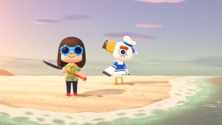 Villager holding a shovel on the beach in Animal Crossing: New Horizons