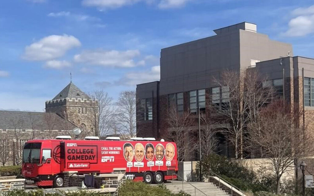 The ESPN College GameDay semitruck parked outside Cameron Indoor Stadium on Duke University, building excitement for the Duke-UNC game.
