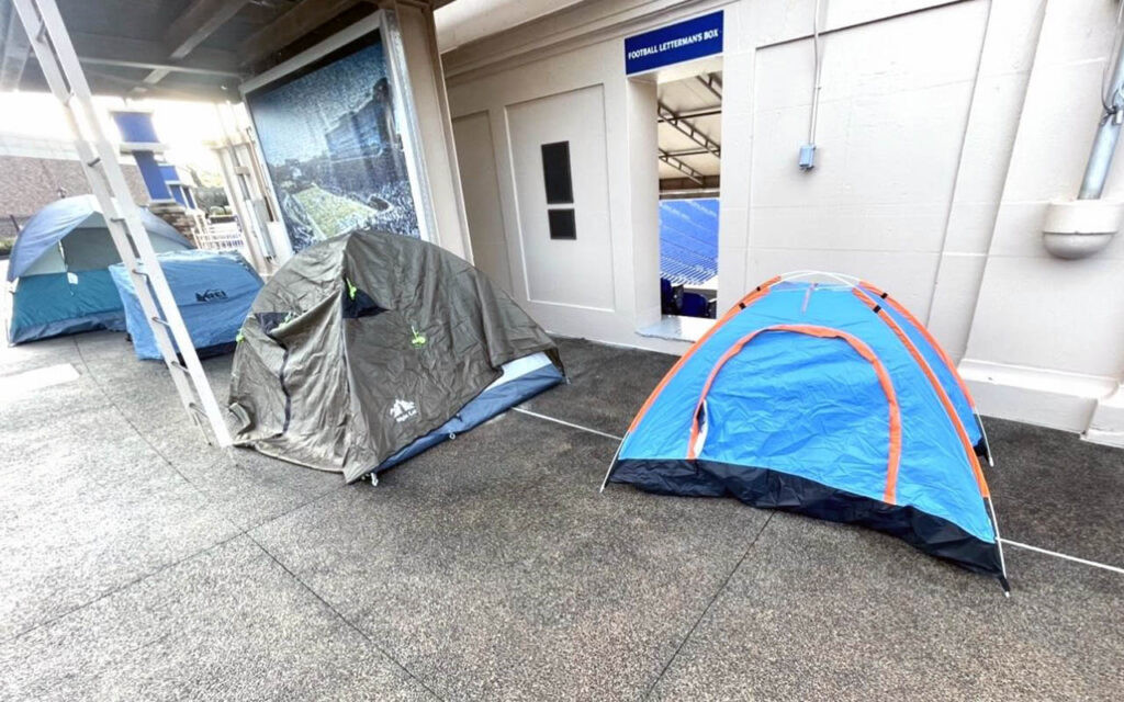 Tents at Duke University for the Duke-UNC game, indicating an early arrival to secure a spot.
