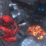 A player looking down at an explosion during one of the best Halo games, Halo: Combat Evolved.