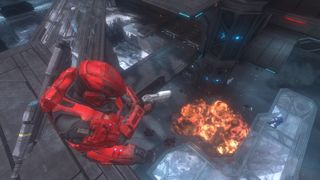 A player looking down at an explosion during one of the best Halo games, Halo: Combat Evolved.
