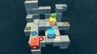 Four brightly coloured cubes rolling on a metal structure in the Nintendo game Death Squared.