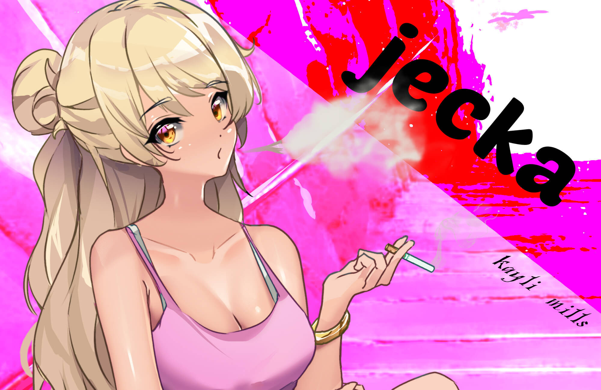Jecka, the lead of the last Class of 09 game, smoking in a pink top and looking side-eyed at the camera