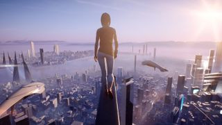 Mirror's Edge: Catalyst showcases a sleek, futuristic cityscape, emphasizing the clean lines and verticality that define the game's world.