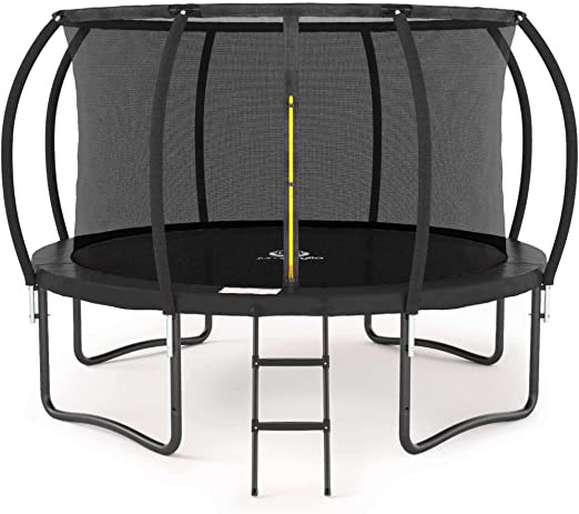 A black trampoline is shown with a safety net all around the inside. 