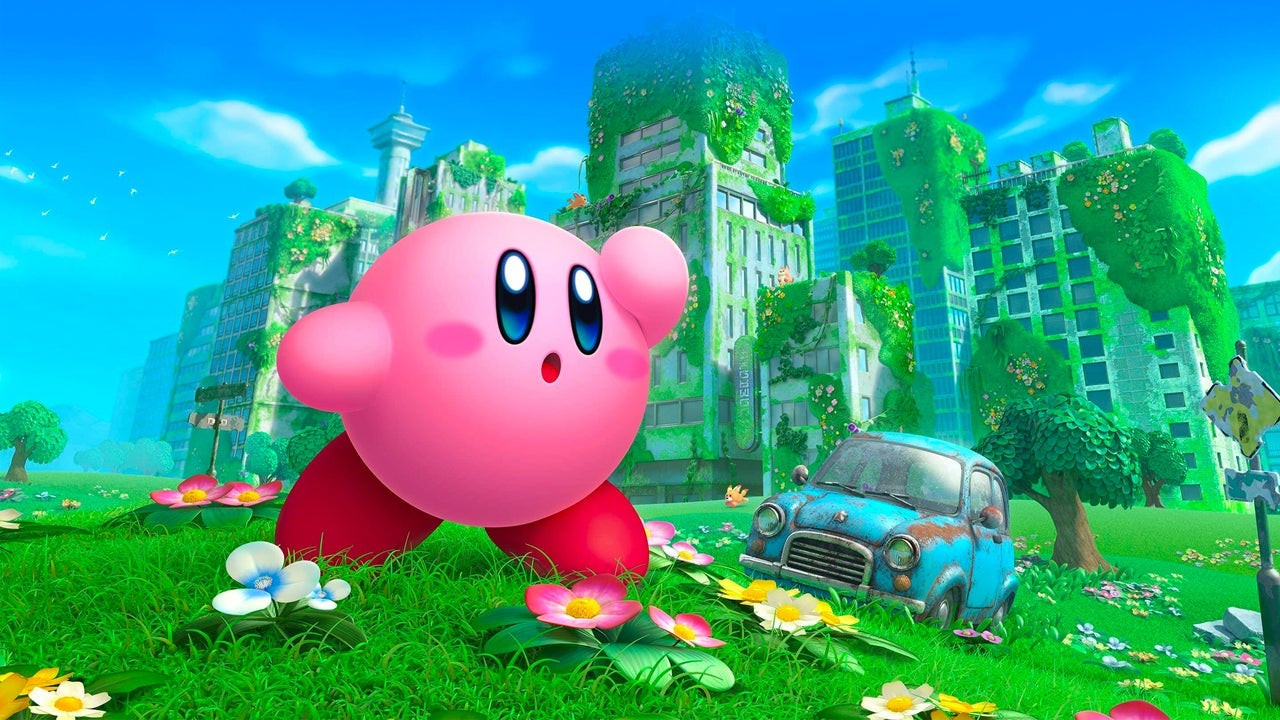 Kirby and the Forgotten Land showcasing the 3D platforming and post-apocalyptic world