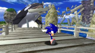 Sonic running on a bridge with an Orca chasing him during Sonic Adventure, one of the best Dreamcast games.