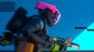 Marathon game screenshot featuring a player wearing a pink helmet and wielding futuristic weapons.