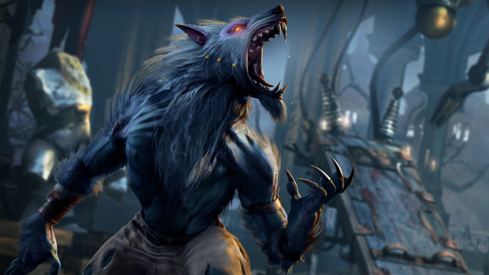 A wolf creature with its mouth open
