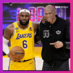 LeBron James and Kareem Abdul-Jabbar sharing a moment after James broke Abdul-Jabbar's all-time scoring record