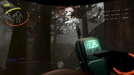 Lethal Company: A hand holds a walkie talkie in a wooded area